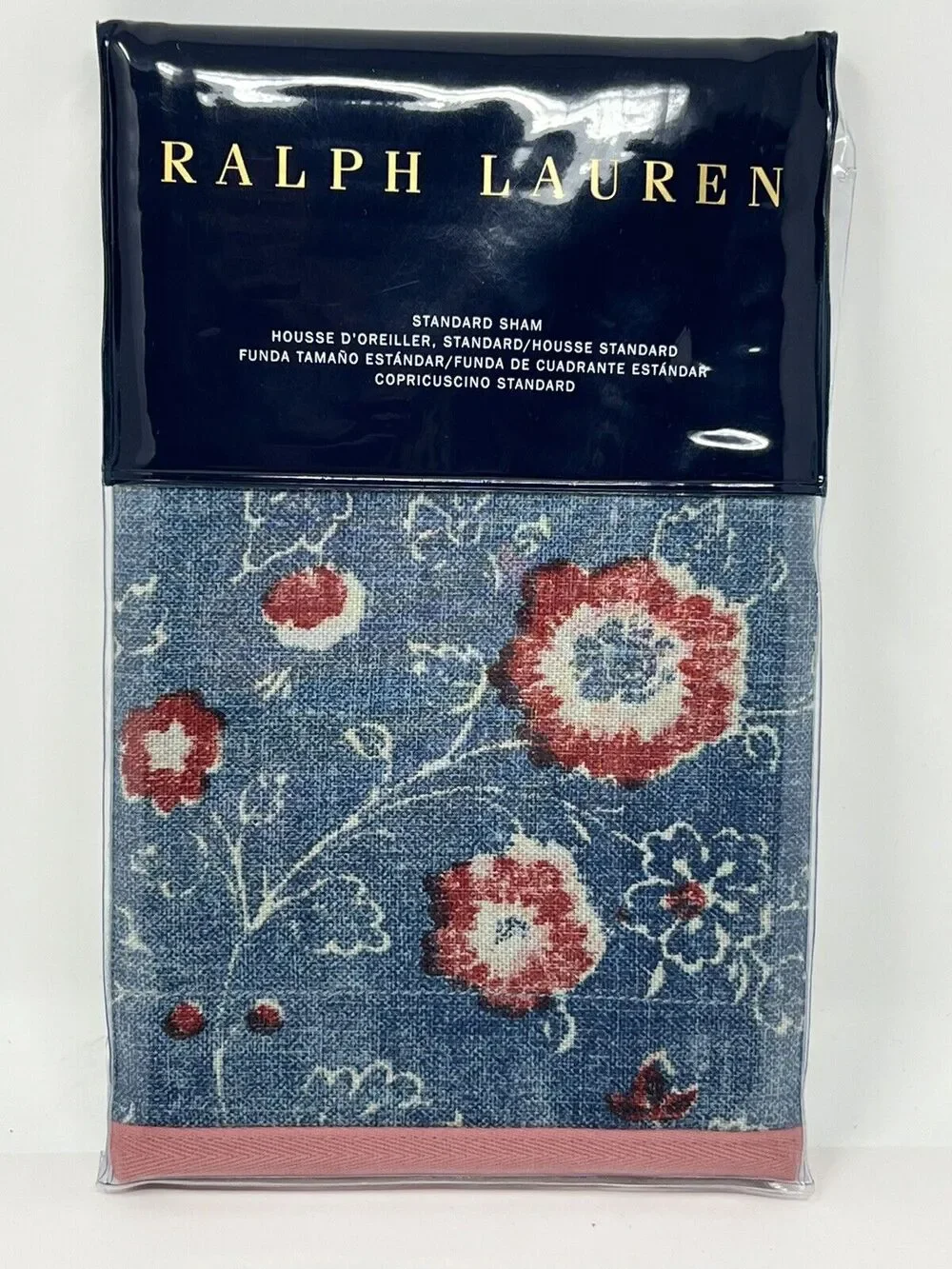 Ralph Lauren Indigo Traveler Standard Pillow Sham Blue Floral Denim Red Pink NIP
